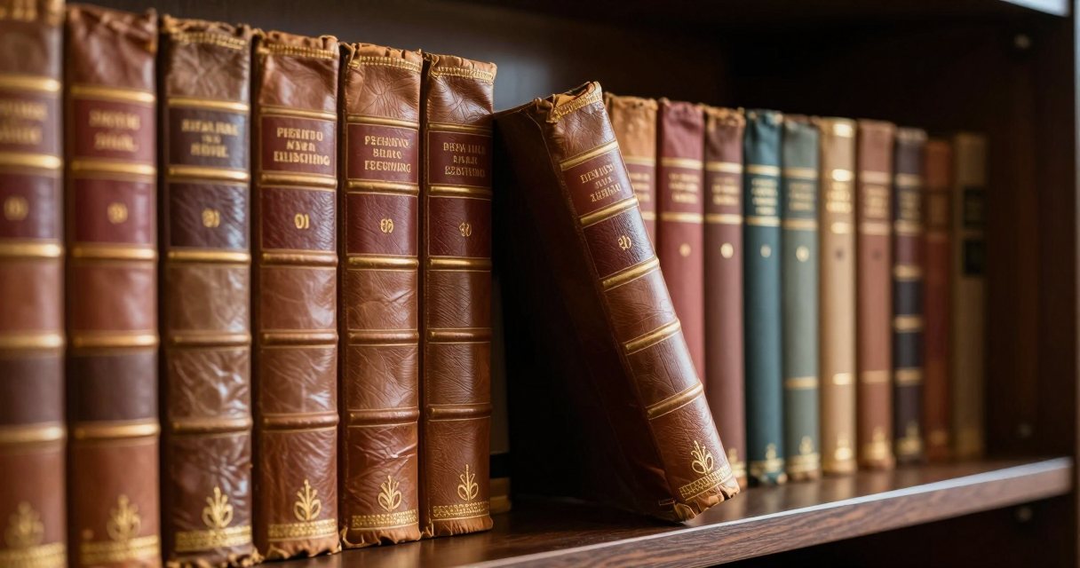 A row of antique leather-bound books with gilt-tooled spines on a dark wooden shelf