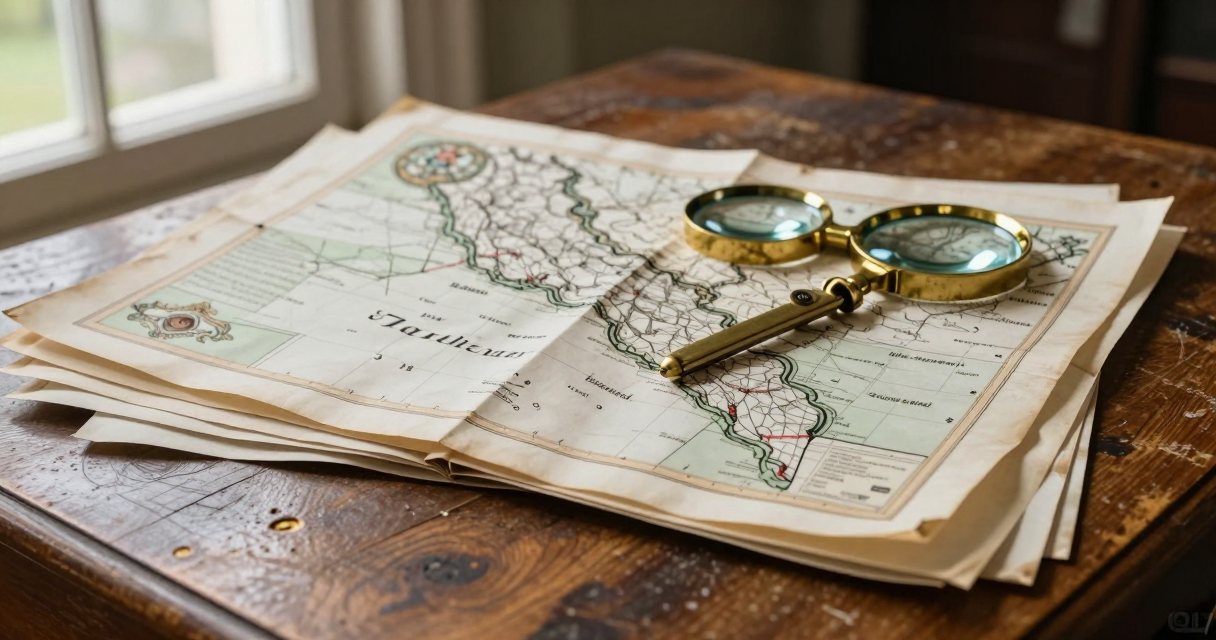 A stack of engraved antique maps on a wooden desk with brass dividers and a magnifying glass resting on top
