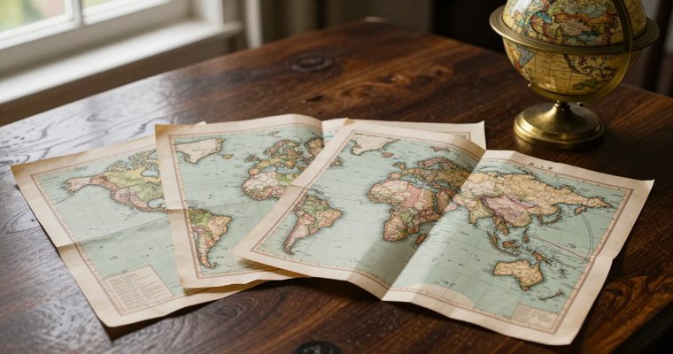 Four folded antique engraved maps of different continents spread across a dark wooden table beside a small brass globe