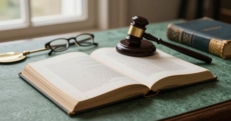 An open antique book on a green baize table beside an auctioneer's gavel, reading glasses and a cloth-bound volume