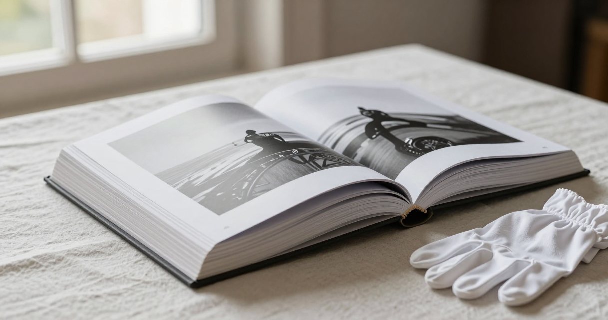 A large photography monograph lying open on pale linen beside a folded pair of white cotton gloves
