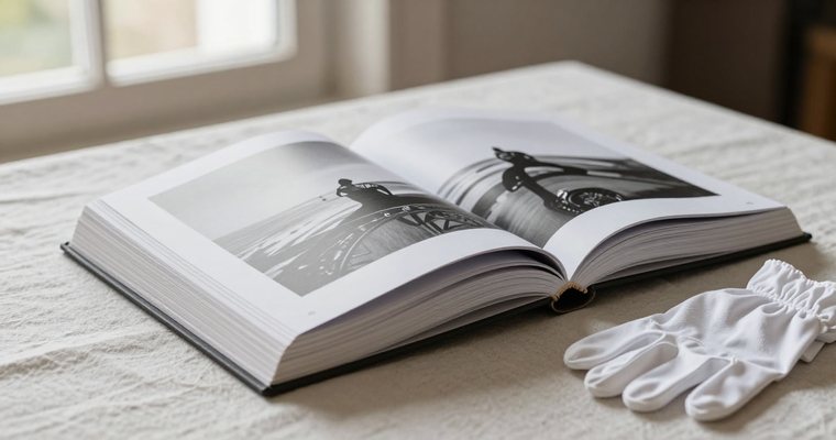 A large photography monograph lying open on pale linen beside a folded pair of white cotton gloves