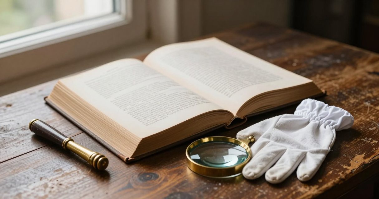 An open antique book on a desk with a magnifying glass and cotton conservation gloves