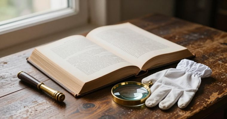 An open antique book on a desk with a magnifying glass and cotton conservation gloves