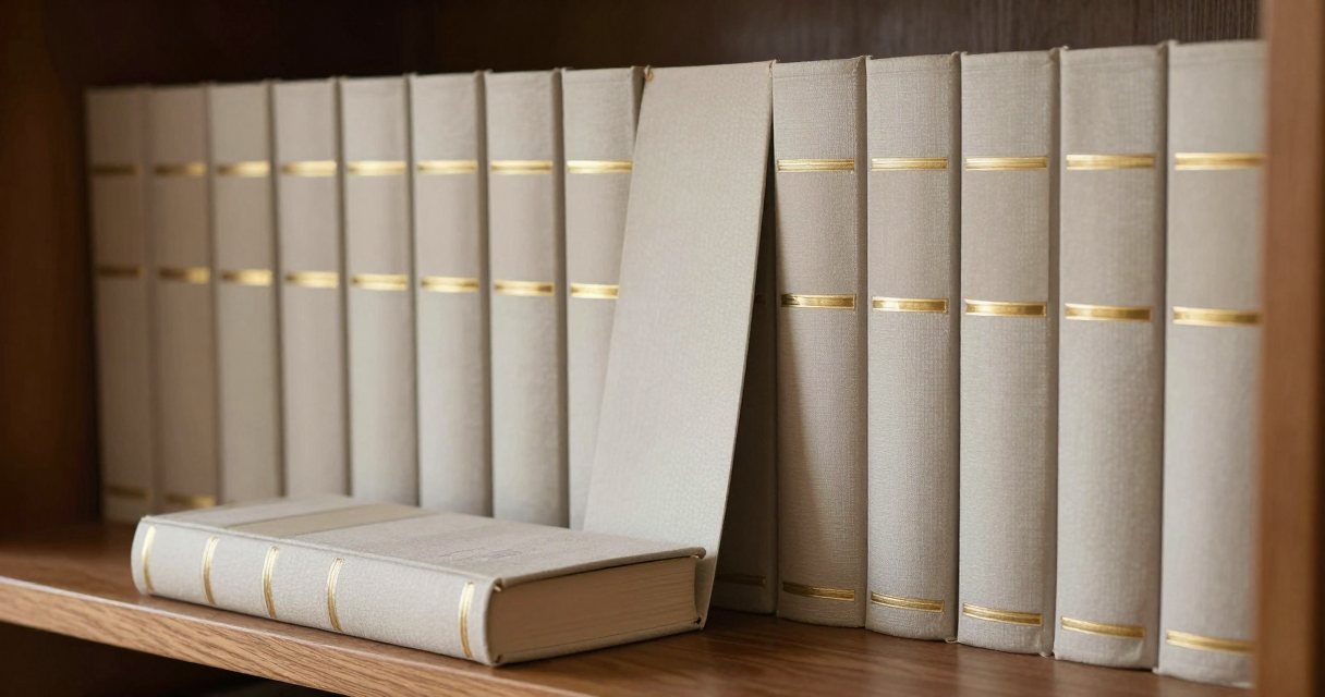 A row of matching cream cloth-bound volumes with gilt bands on a walnut shelf, one lying flat in front