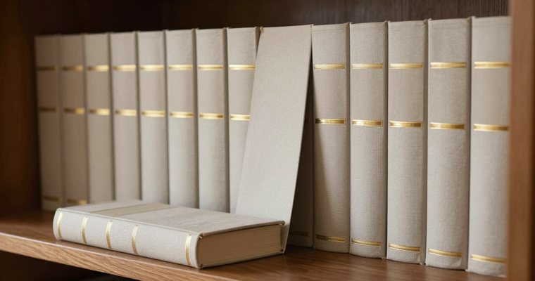 A row of matching cream cloth-bound volumes with gilt bands on a walnut shelf, one lying flat in front