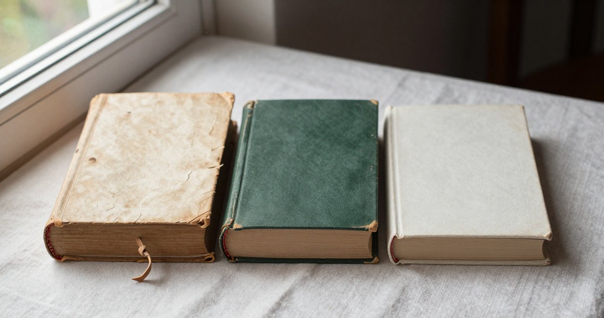 Three books side by side on pale linen: a warped vellum-bound folio, a worn green cloth volume, and a plain modern one