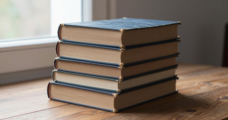 A stack of worn antique books piled on a wooden table beside a window