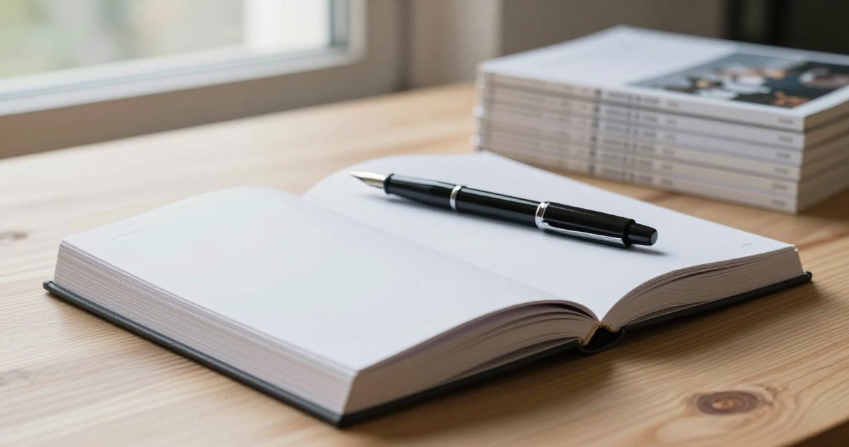 An open hardback lying flat at a blank page with a fountain pen resting on it, a stack of identical copies behind