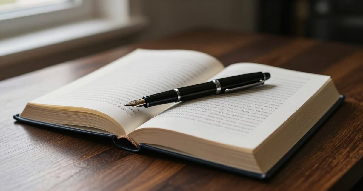An open hardback book on a writing desk beside a fountain pen, lit by soft window light
