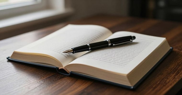 An open hardback book on a writing desk beside a fountain pen, lit by soft window light